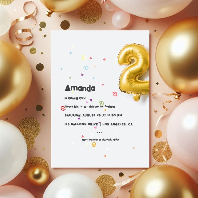 Invitation Balloon à huile d'or et Confetti 2e anniversaire P (Gold Foil Balloon and Confetti 2nd Birthday Photo Invitation)