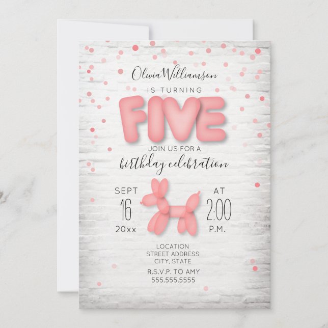 Invitation Balloon Animal Brick Confetti Rose 5e anniversaire (Devant)