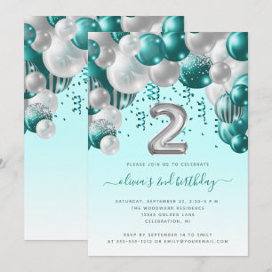 Invitation Balloon Arch Turquoise Silver Girls 2e fête d'anni
