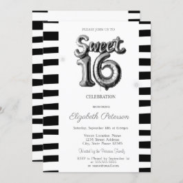 Invitation Balloon argenté noir rayé doux 16