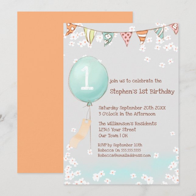 Invitation Balloon Baby Boy 1er anniversaire (Devant / Derrière)