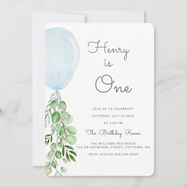 Invitation Balloon Baby Boy 1er anniversaire Eucalyptus Inv (Devant)
