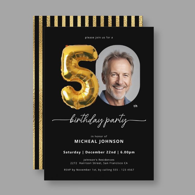 Invitation Balloon Black Gold 50e anniversaire (Black Gold Balloon 50th Birthday Invitation)