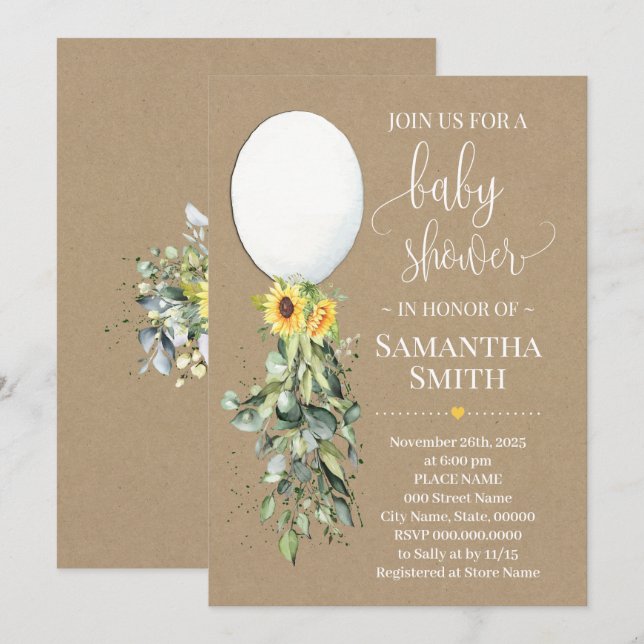 Invitation Balloon blanc baby shower de verdure Eucalyptus (Devant / Derrière)