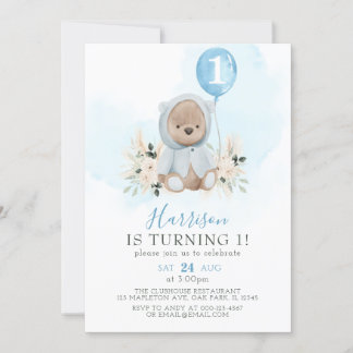 Invitation Balloon bleu Boho Teddy Bear 1er anniversaire