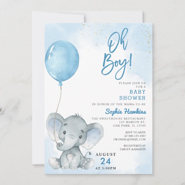 Invitation Balloon bleu Oh garçon Elephant Baby shower (Devant)