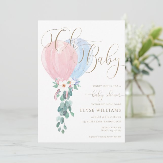 Invitation Balloon bleu rose Oh Baby shower bébé (Debout devant)