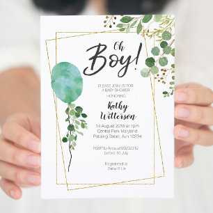 Invitation Balloon Boy Aquarelle baby shower verdoyant
