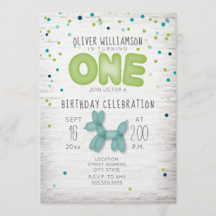 Invitation Balloon Brick Confetti Blue Green 1er Anniversaire