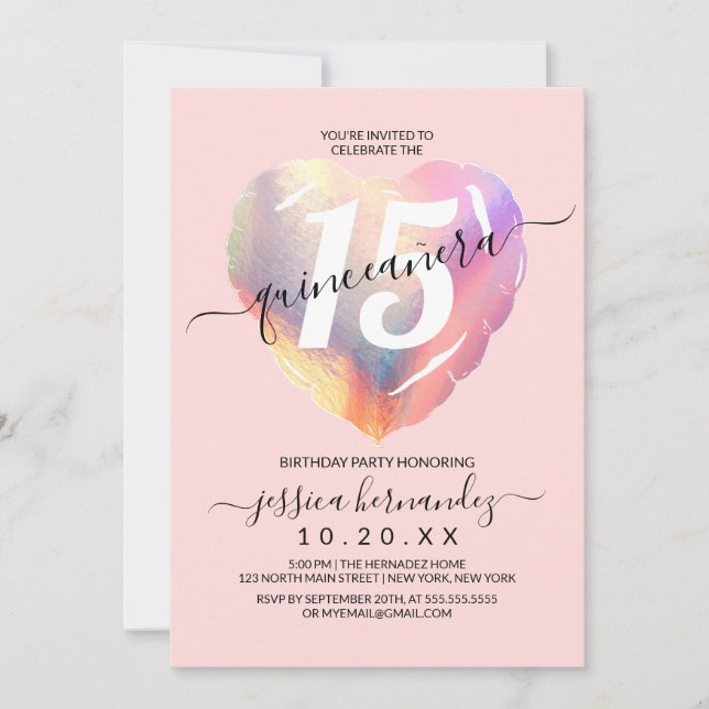 Invitation Balloon Coeur rose Iridescente Quinceañera (Devant)