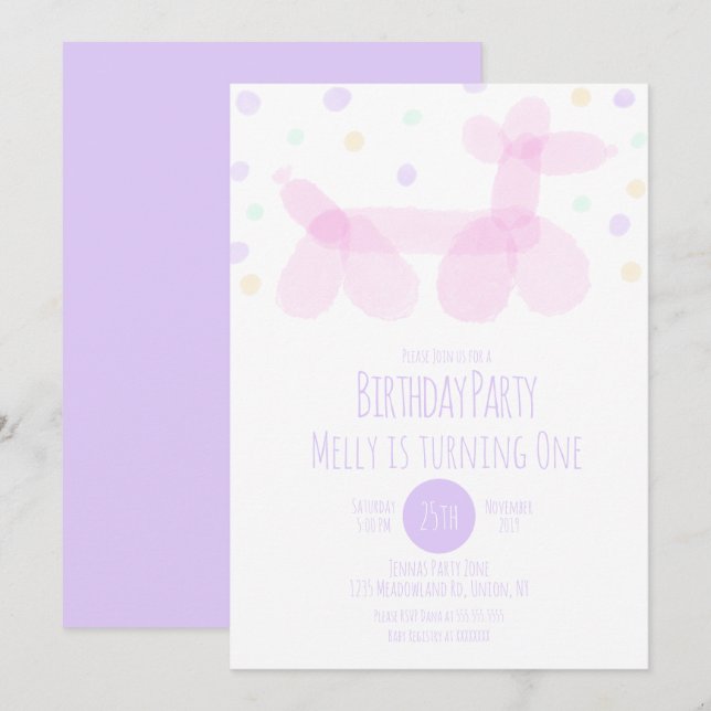 Invitation Balloon d'anniversaire Animaux Purple Pink Pastel (Devant / Derrière)