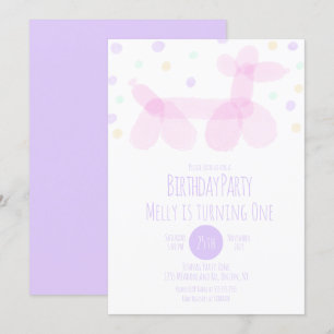 Invitation Balloon d'anniversaire Animaux Purple Pink Pastel