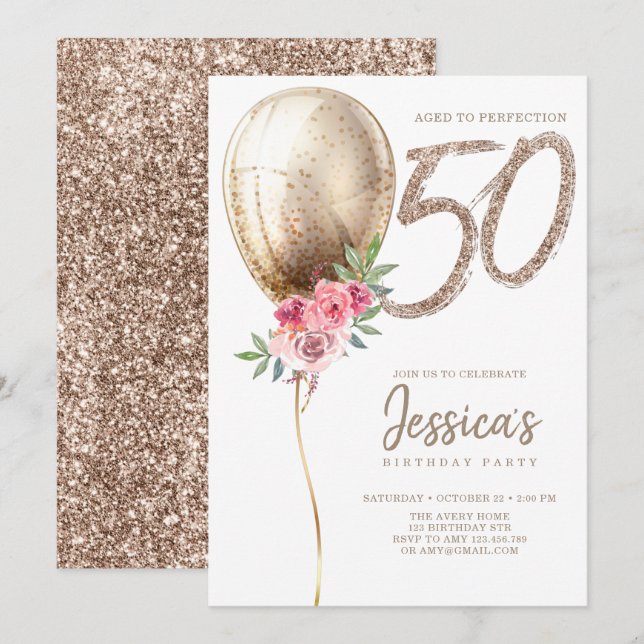 Invitation Balloon de luxe Parties scintillant beige 50e anni (Devant / Derrière)