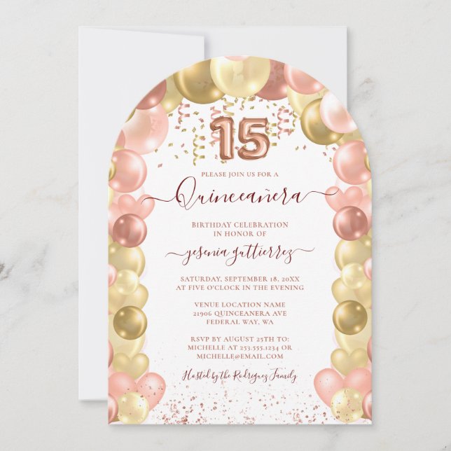 Invitation Balloon de Quinceañera en or rose (Devant)