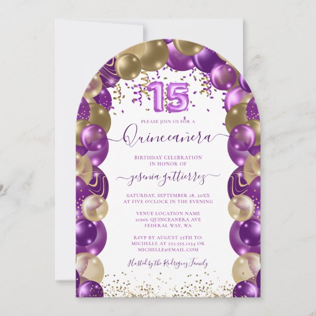 Invitation Balloon de Quinceañera en or violet (Devant)