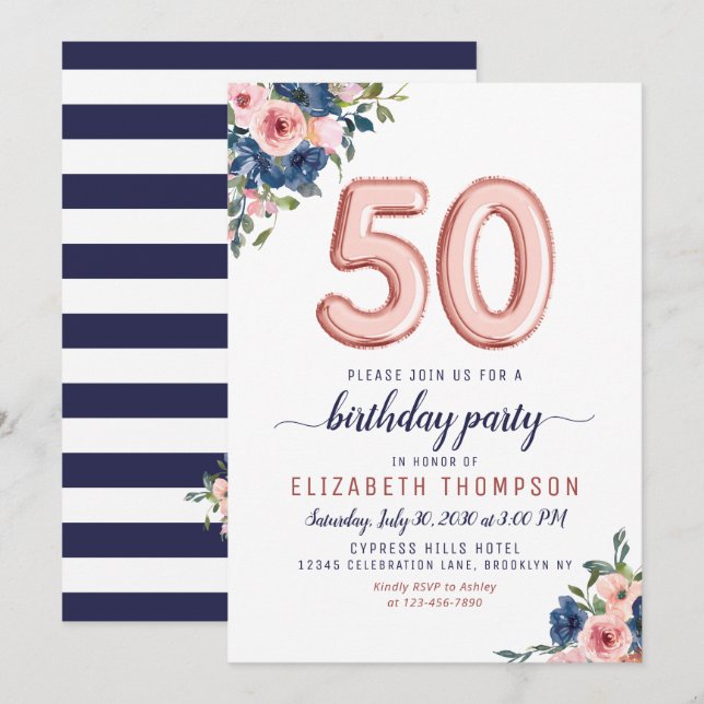Invitation Balloon d'or rose Floral Navy Blush 50e anniversai (Devant / Derrière)