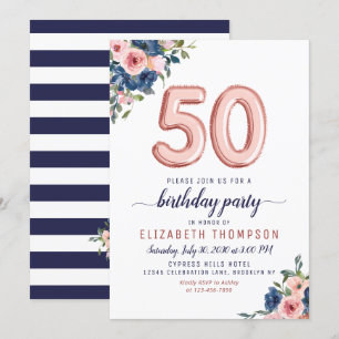 Invitation Balloon d'or rose Floral Navy Blush 50e anniversai