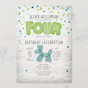 Invitation Balloon en brique Confetti Bleu Vert 4e anniversai