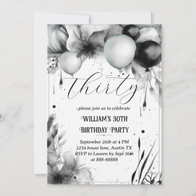Invitation Balloon floral noir et blanc 30e anniversaire (Devant)