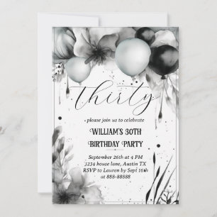 Invitation Balloon floral noir et blanc 30e anniversaire