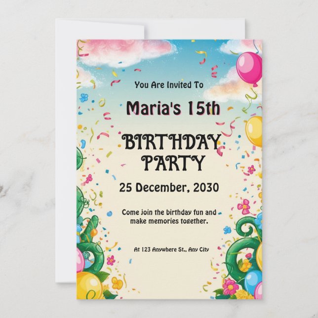 Invitation Balloon floral Personnalisé Anniversaire (Devant)