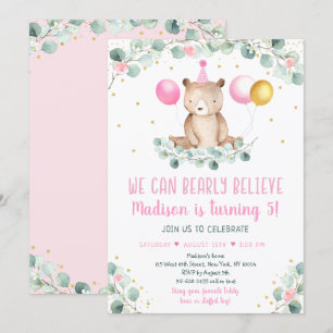Invitation Balloon Ours Teddy Vert or rose Anniversaire
