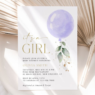 Invitation Balloon pourpre, Eucalyptus, Verdure, Baby shower