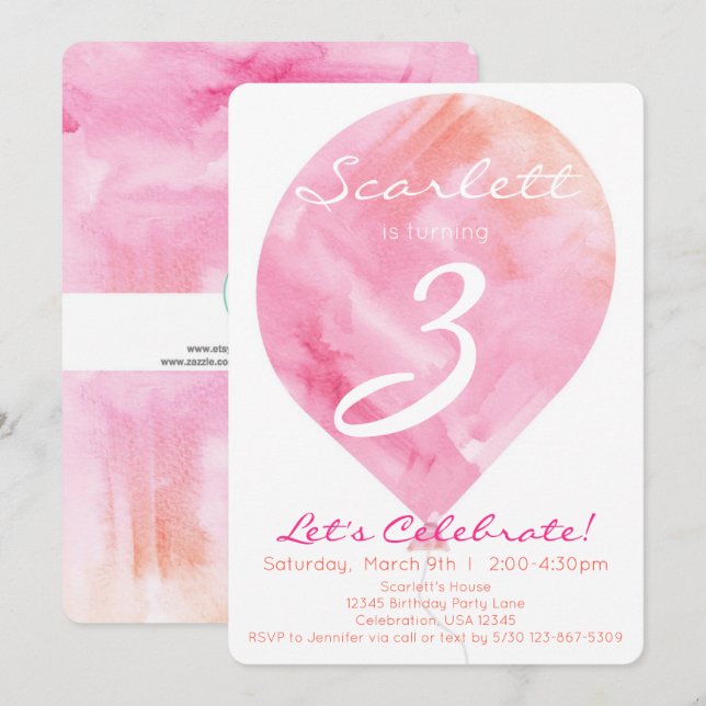 Invitation Balloon rose Aquarelle Petite Fille Anniversaire (Devant / Derrière)