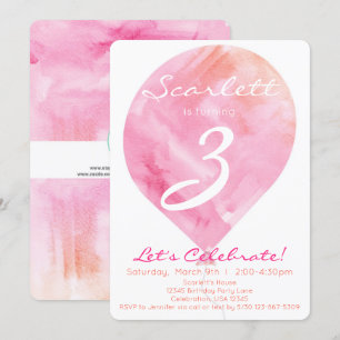 Invitation Balloon rose Aquarelle Petite Fille Anniversaire