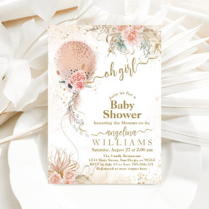 Invitation Balloon rose Boho Floral Pampas Baby Girl Douche