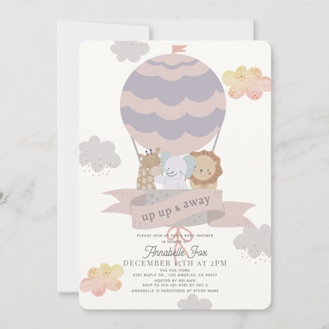 Invitation Balloon rose chaud Animaux Fille Baby shower (Devant)