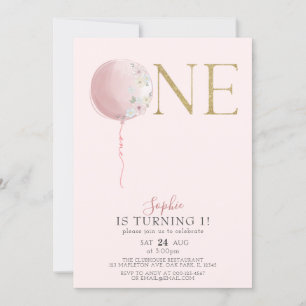 Invitation Balloon Rose et Gold Girls 1er anniversaire