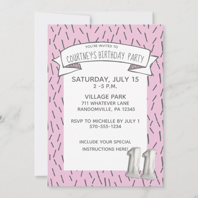 Invitation Balloon rose et gris Filles 11e anniversaire (Dos)