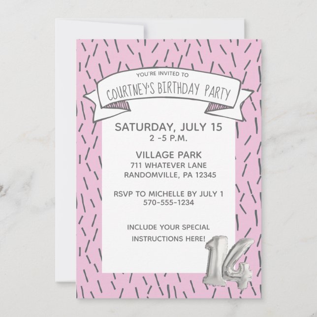 Invitation Balloon rose et gris Filles 14e anniversaire (Dos)