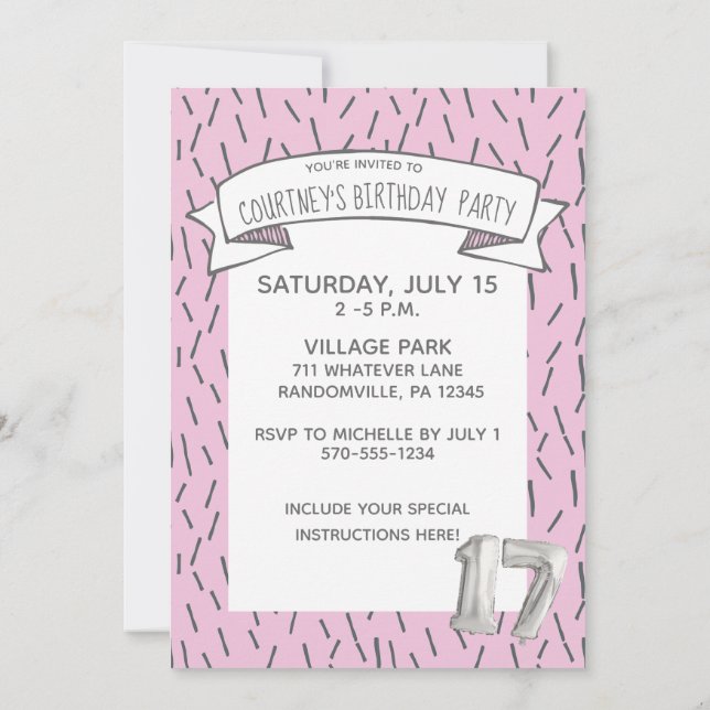 Invitation Balloon rose et gris Filles 17ème anniversaire (Dos)