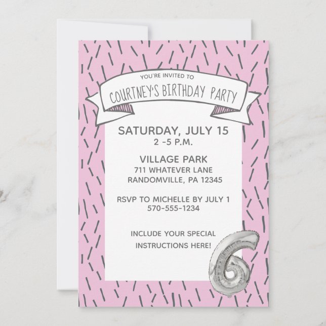 Invitation Balloon rose et gris Filles 6e fête d'anniversaire (Dos)