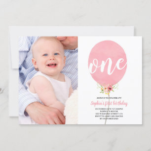 Invitation Balloon rose Fille premier anniversaire avec photo