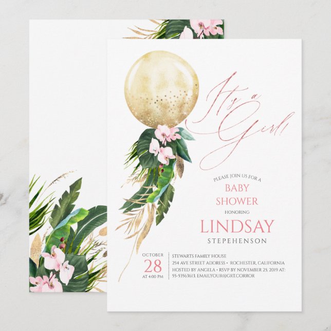 Invitation Balloon rose Floral or Baby shower Tropical mignon (Devant / Derrière)