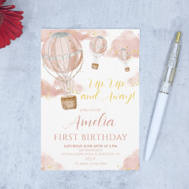 Invitation Balloon Rose Hot Air Fille Premier anniversaire