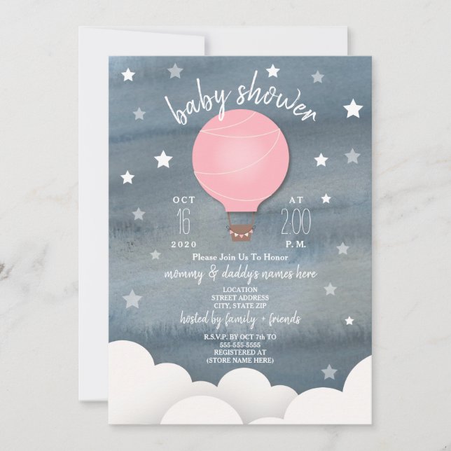Invitation Balloon rose Hot Air + Stars Girl Baby shower (Devant)