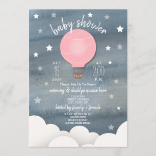 Invitation Balloon rose Hot Air + Stars Girl Baby shower