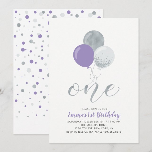 Invitation Balloon violet, argent 1ère fête d'anniversaire de (Devant / Derrière)