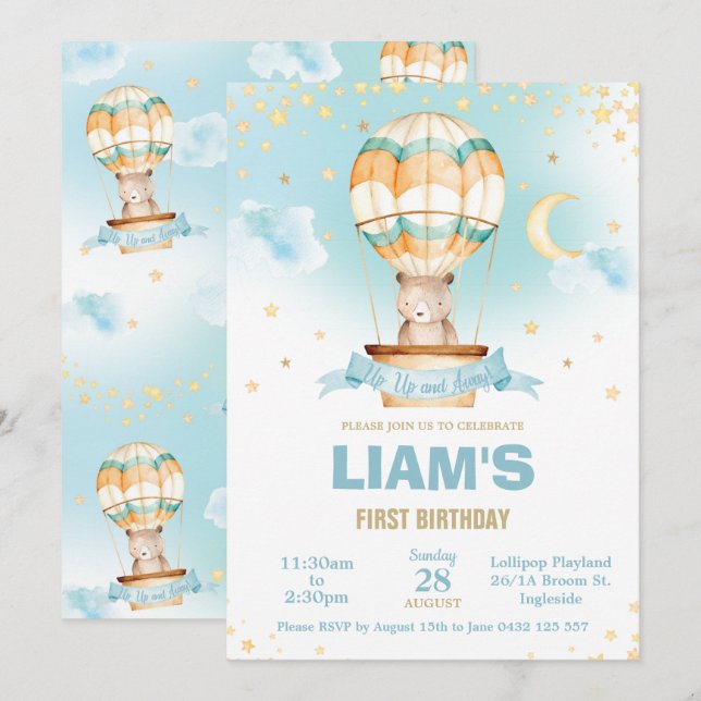 Invitation Balloon Whimsal Hot Air Teddy Bear Boy Anniversair (Devant / Derrière)