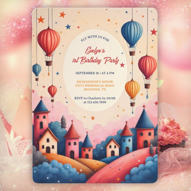 Invitation Balloon Whimsical Hot Air 1er anniversaire (Whimsical Hot Air Balloon 1st Birthday Party Invitation  Personalized Girl’s Party Invite)