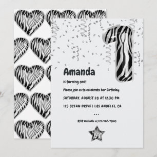 Invitation Balloon Zebra noir et blanc 1er anniversaire