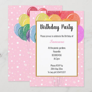 Invitation Balloons arc-en-ciel Bulle rose Anniversaire