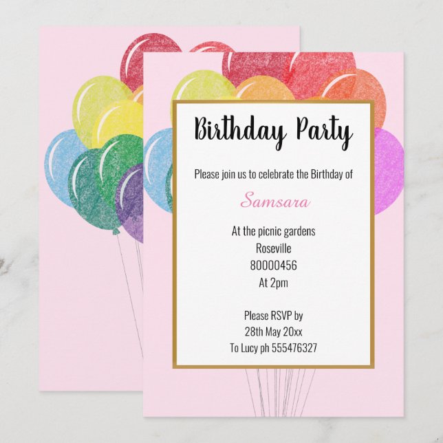 Invitation Balloons arc-en-ciel PINK Anniversaire (Devant / Derrière)