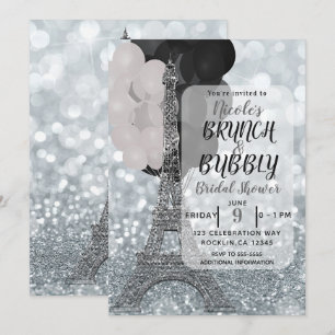 Invitation Balloons Argent Pailleté Blanc Noir Tour Eiffel