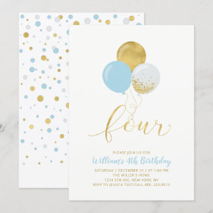Invitation Balloons Bleu Clair et Or pour une Fête d'annivers