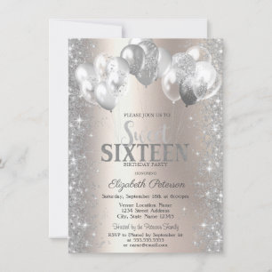 Invitation Balloons Confetti en argent Champagne Sweet 16
